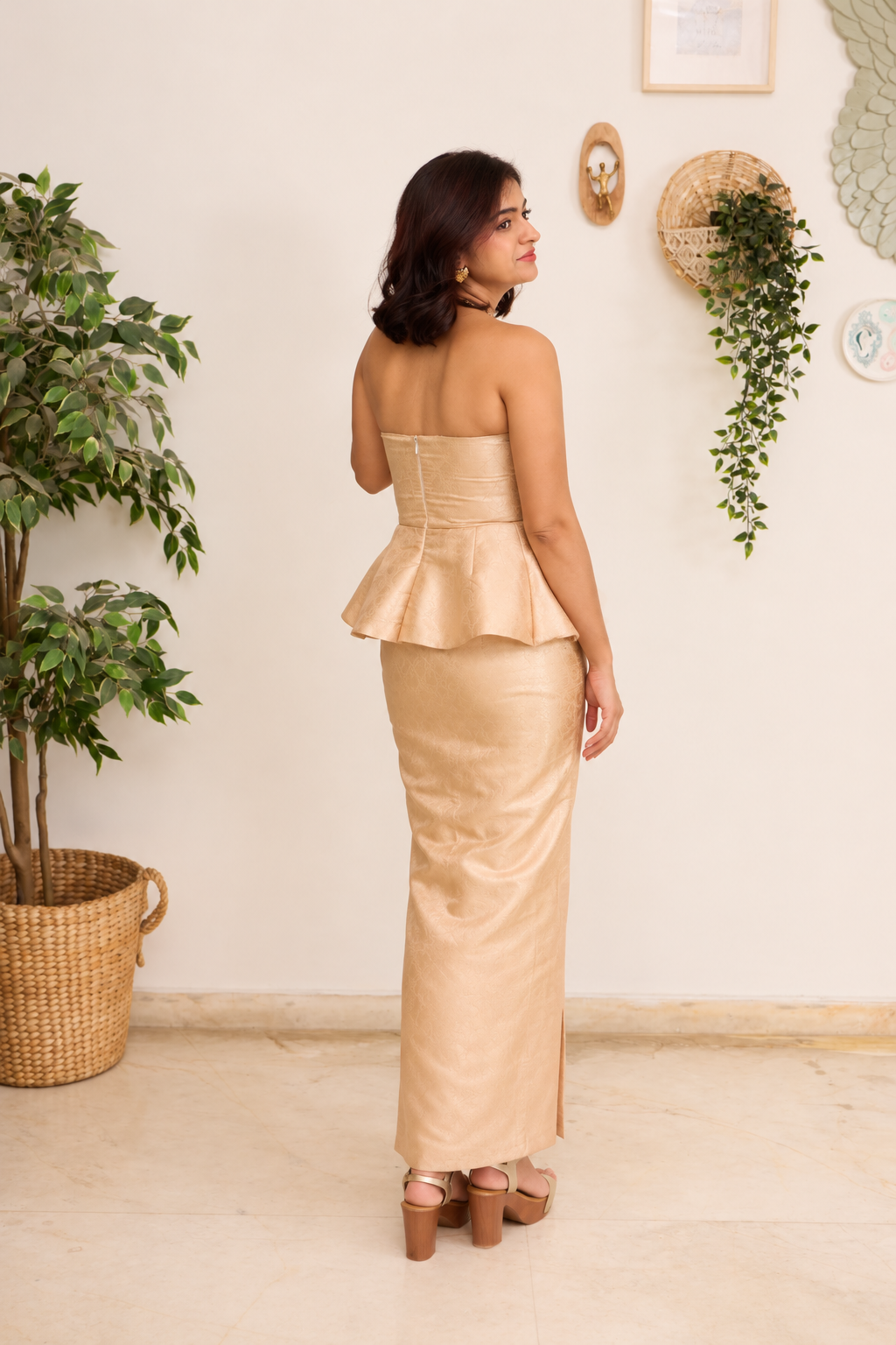 Champagne gold silk brocade co-ord set with peplum corset and floor-length skirt