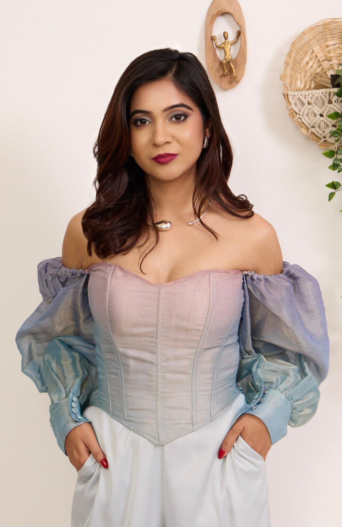 The Opaline Corset, sheer organza silk corset top with voluminous full sleeves