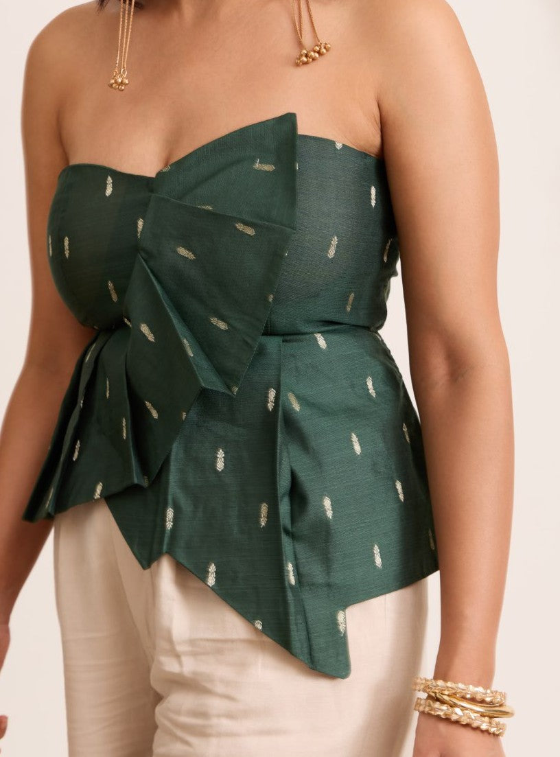 Asymmetric draped overlay and flared peplum on The Ivy Draped Corset