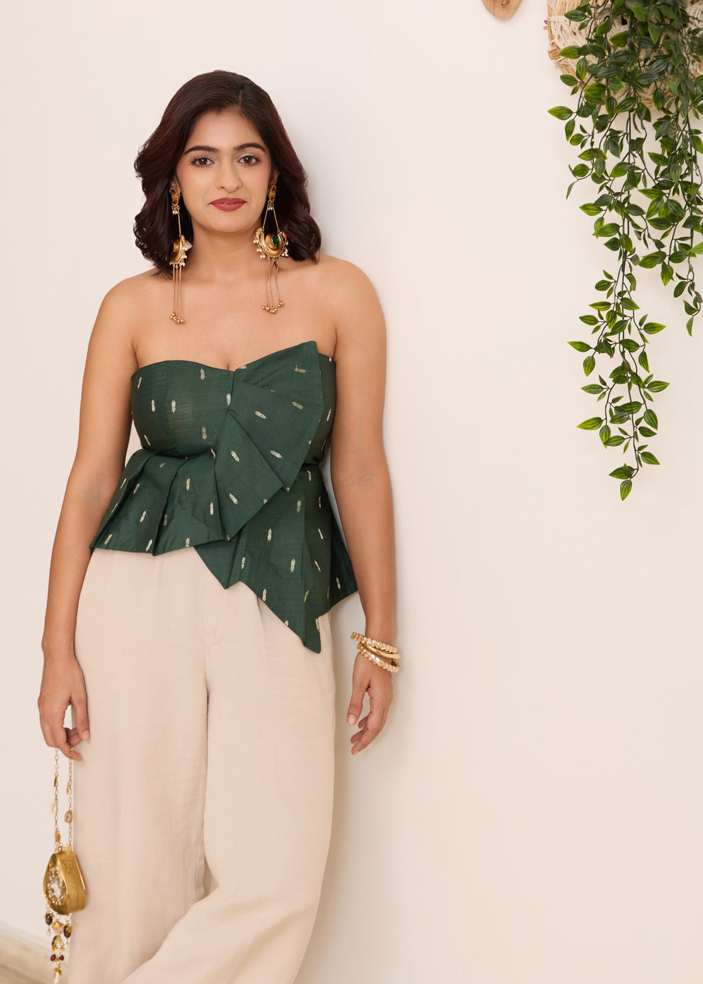 The Ivy Draped Corset, strapless green cotton silk corset with zari motifs
